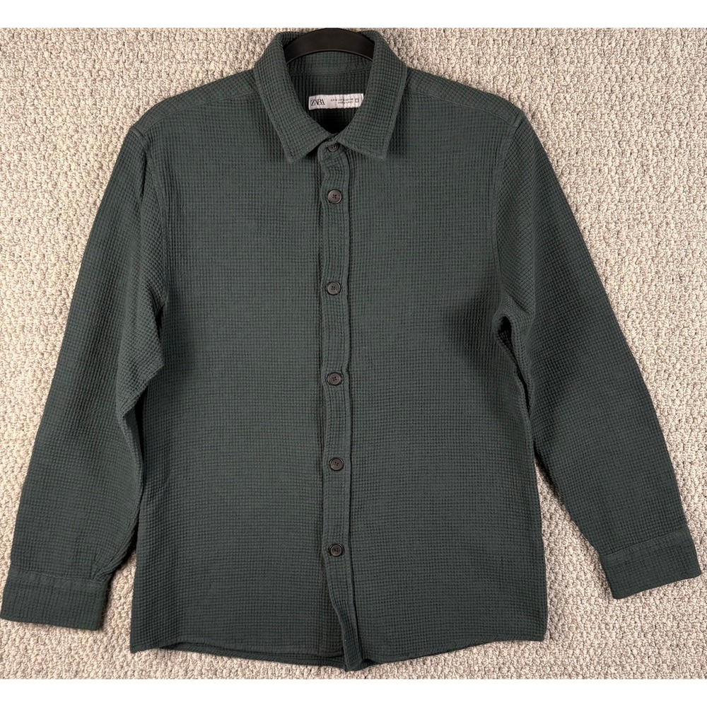 Zara Man Waffle Knit Button Down Shirt Size Medium Green Long Sleeve Textured